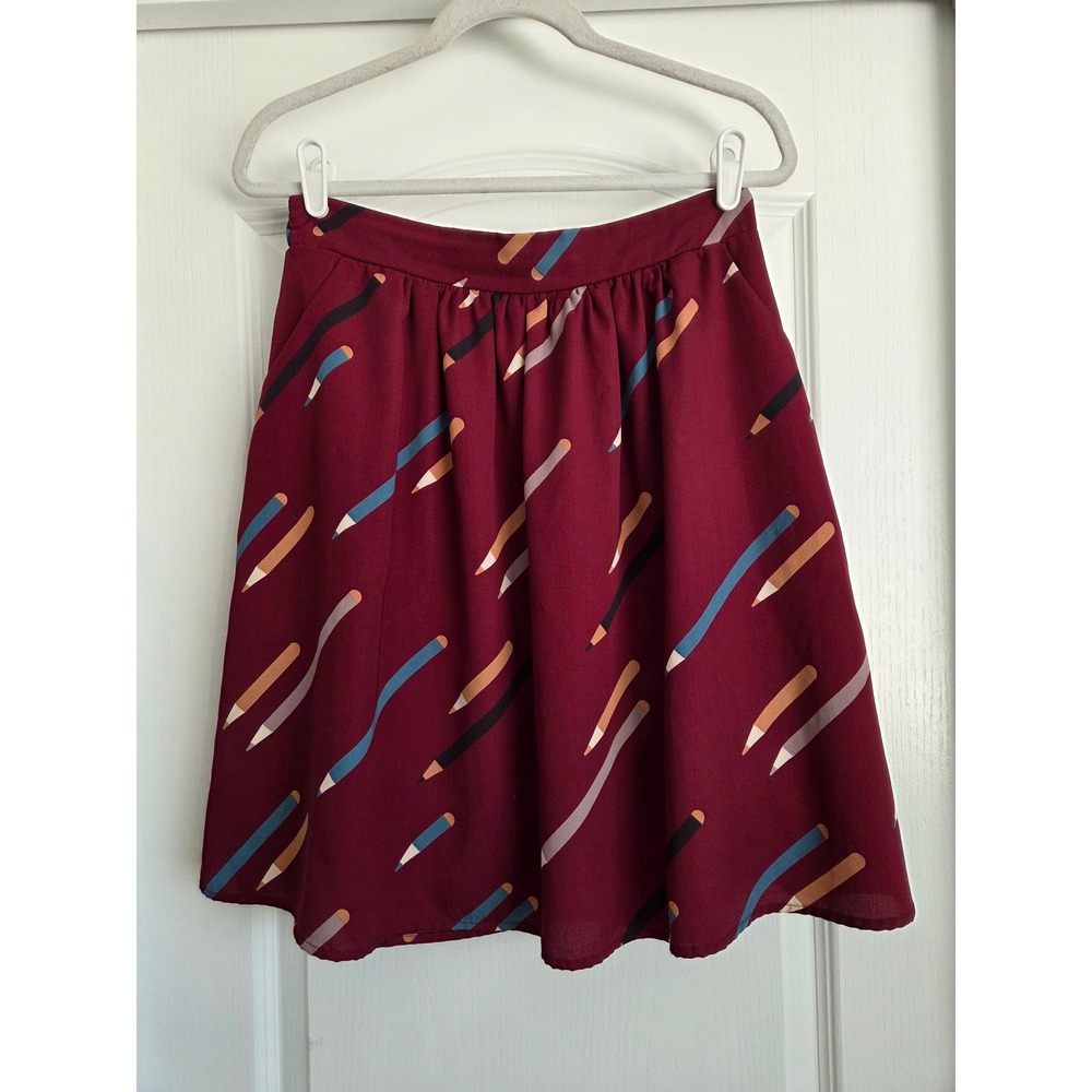 VTG Jessy B Burgundy Pencil Print A-Line Skirt Pockets Elastic Size M Novelty